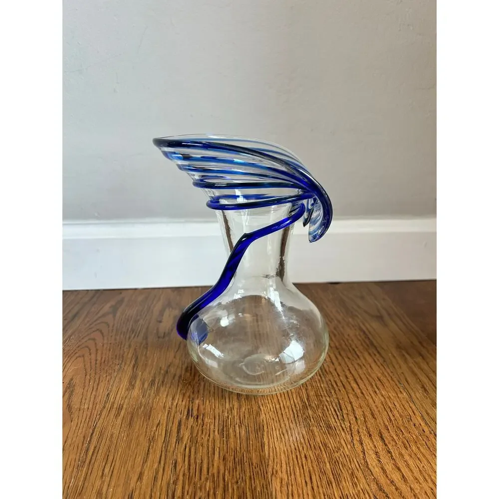 Vintage Blenko Glass Vase Cobalt Blue Applied Swirl Clear Art Glass 7